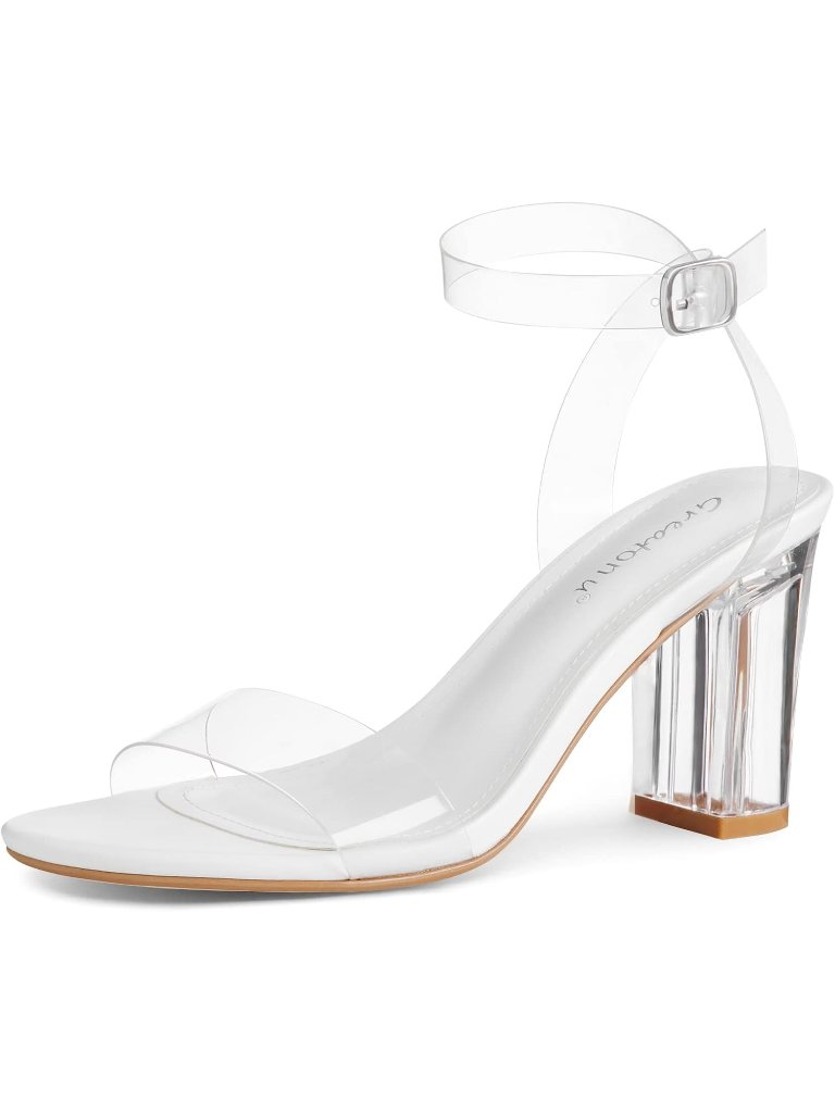 Women's White Clear Chunky Heels Sandals Open Toe Ankel Strap Block Heel Shoes